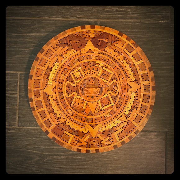 Hand-carved Wood Aztec Calendar Wall Decor - Picture 1 of 2